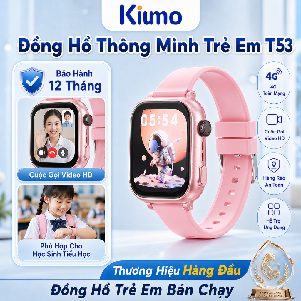 Kiumo đồng hồ thông minh trẻ em 4G GPS,gọi video HD,750mAh,chống nước,SIM,SOS,RAM 2+16GB,kèm dây đeo