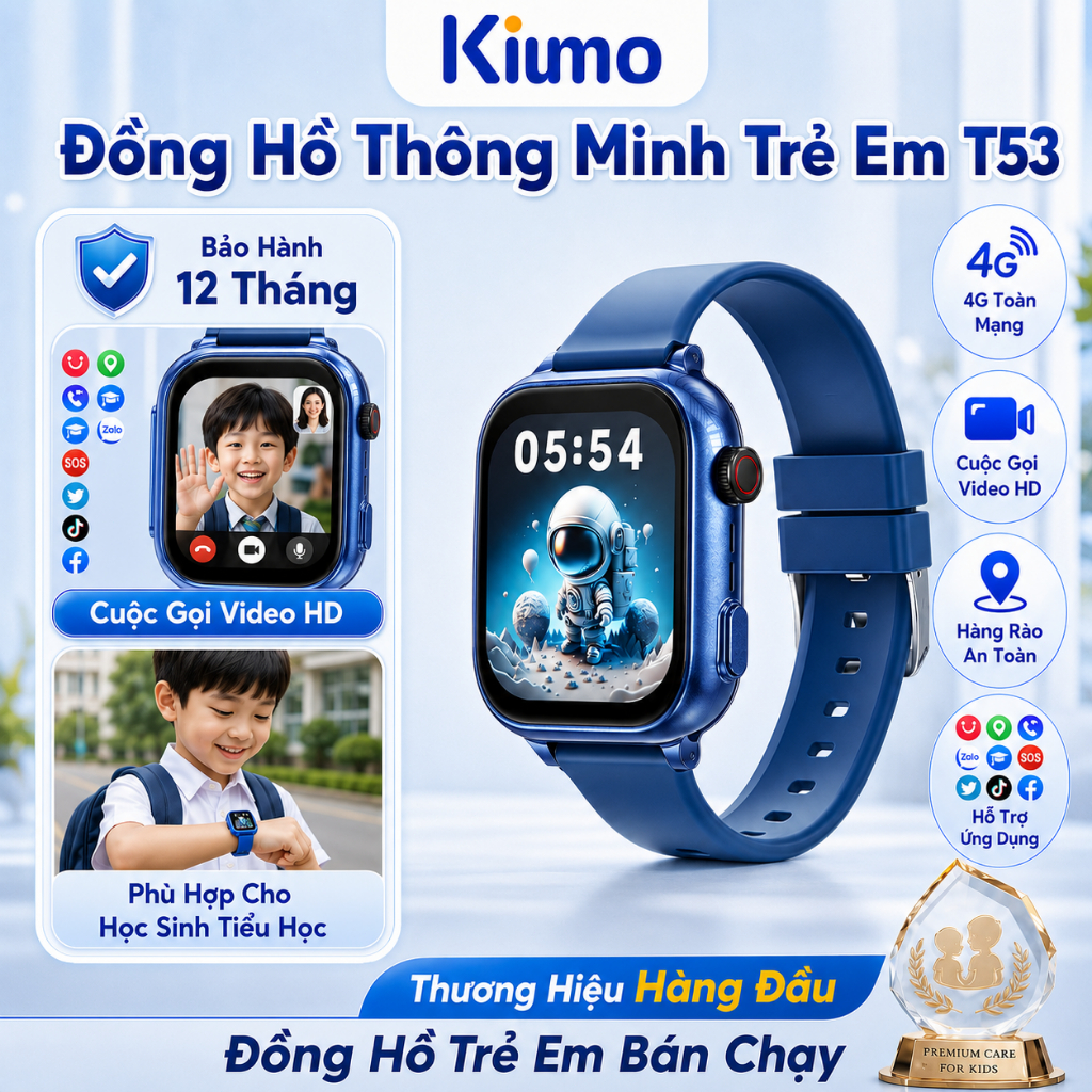 【T53】Kiumo Đồng Hồ Thông Minh Trẻ Em 4G GPS Chính Xác Gọi Video HD Chống Nước Màn Hình IPS HD Pin 75