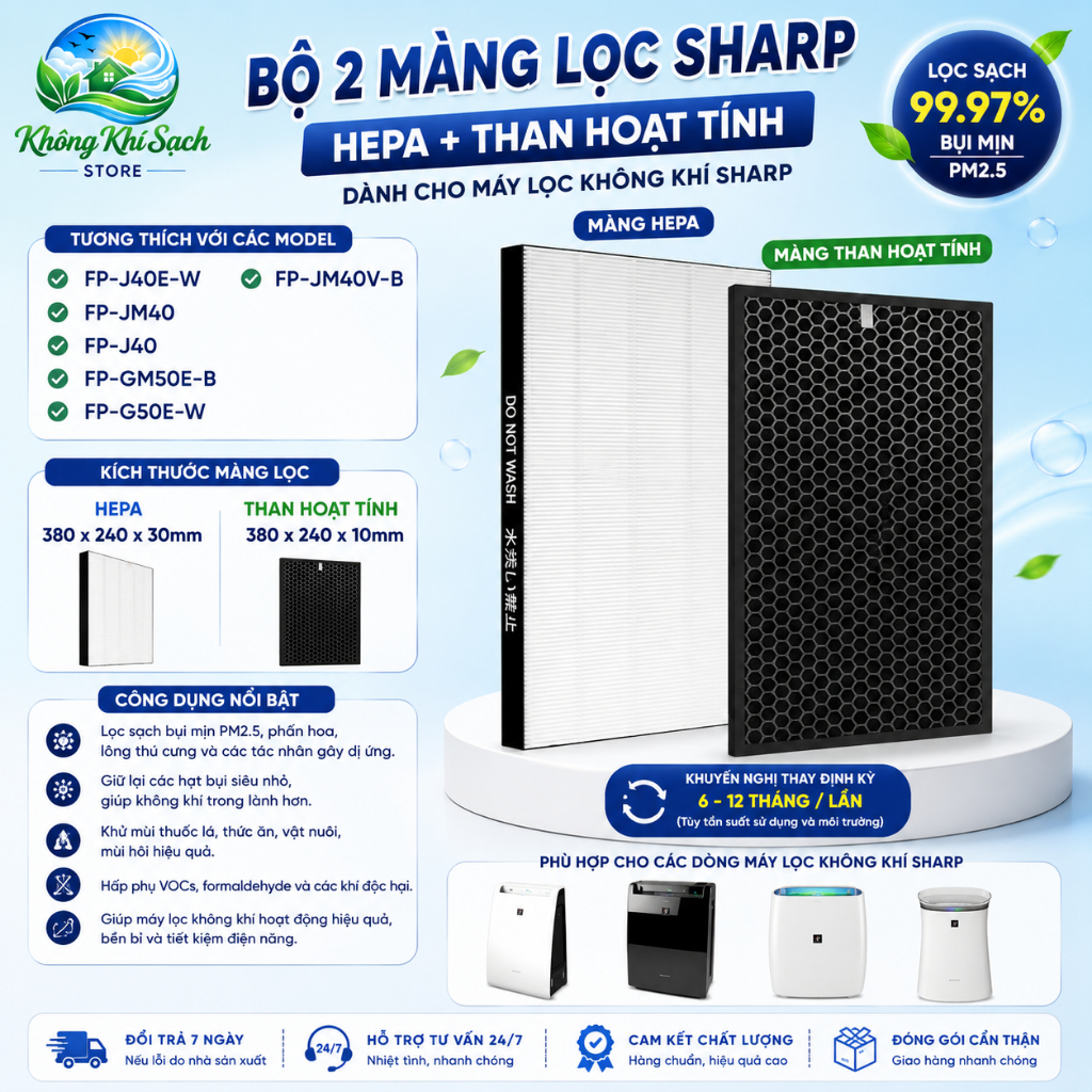 Bộ 2 Màng Lọc Sharp FP-J40E-W FP-JM40 FP-J40 FP-GM50E-B FP-JM40V-B FP-G50E-W HEPA Than Hoạt Tính
