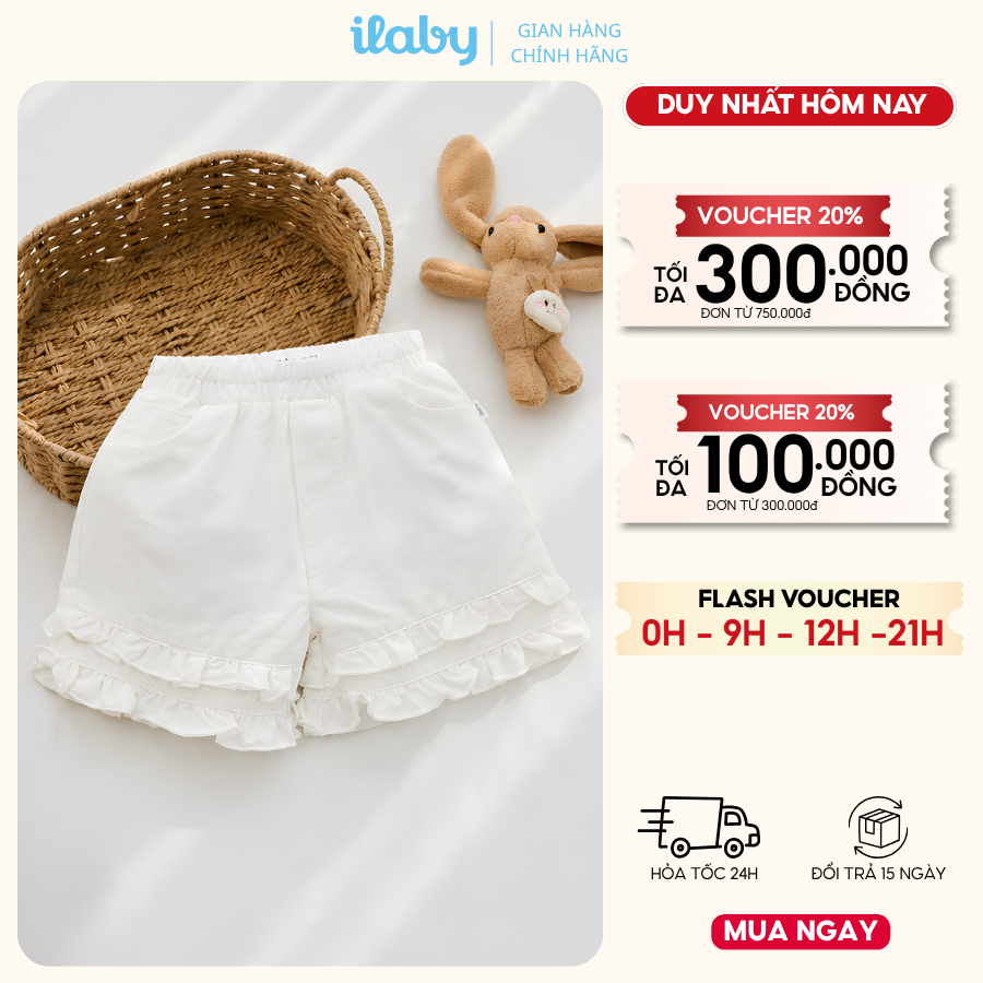 Quần short bé gái ILABY HCM chất liệu cotton thoáng mát phối viền bèo dễ thương [3856]
