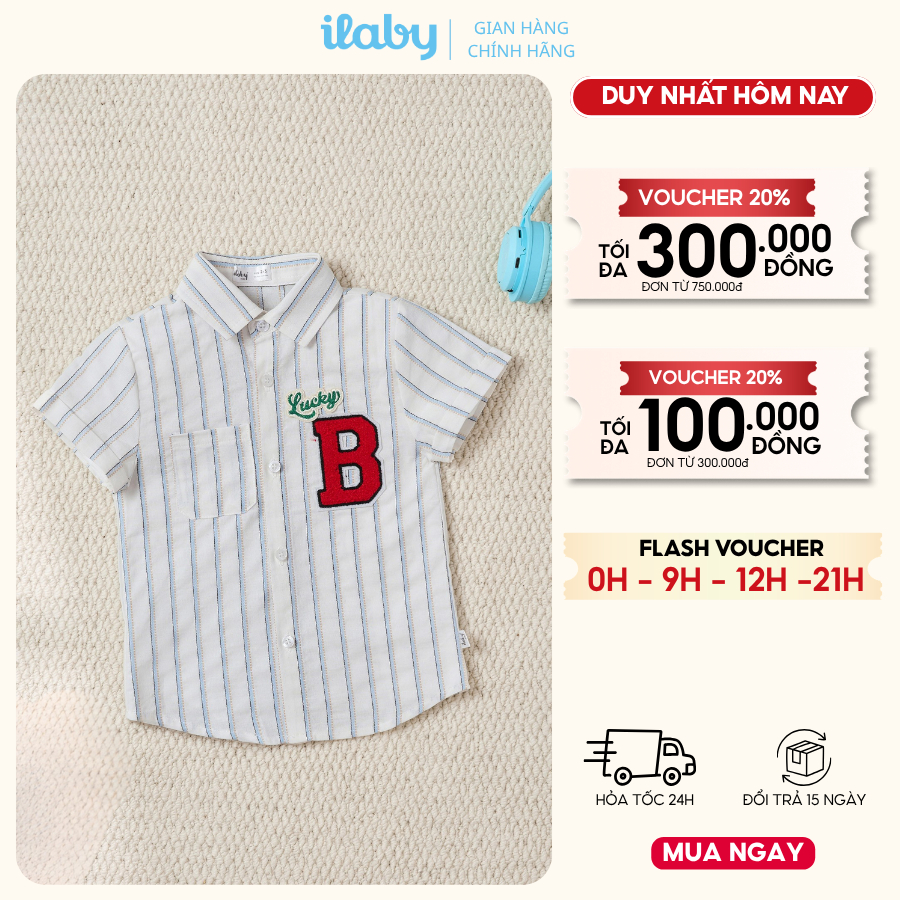 Áo sơ mi bé trai ILABY HCM ngắn tay họa tiết kẻ sọc phối chữ B thêu nổi phong cách Hàn Quốc [3875]