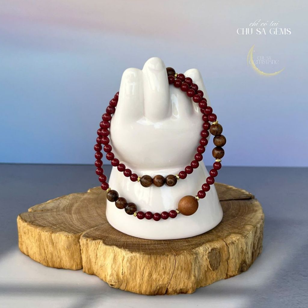 VÒNG TAY QUẤN 2 ĐÁ CHU SA PHỐI TRẦM HƯƠNG - CHU SA GEMSTONE