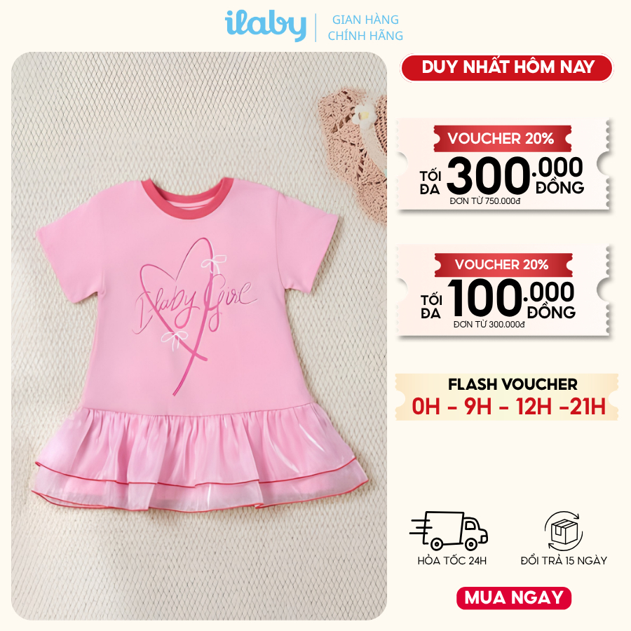 Váy bé gái ILABY HCM dáng suông đuôi cá phối voan kính lấp lánh, chất cotton mềm mịn cho bé [3863]