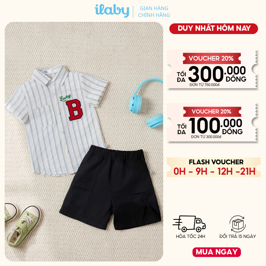 Mix set bộ bé trai ILABY HCM áo sơ mi kẻ sọc thêu chữ và quần đùi thoáng mát [3875+3894]
