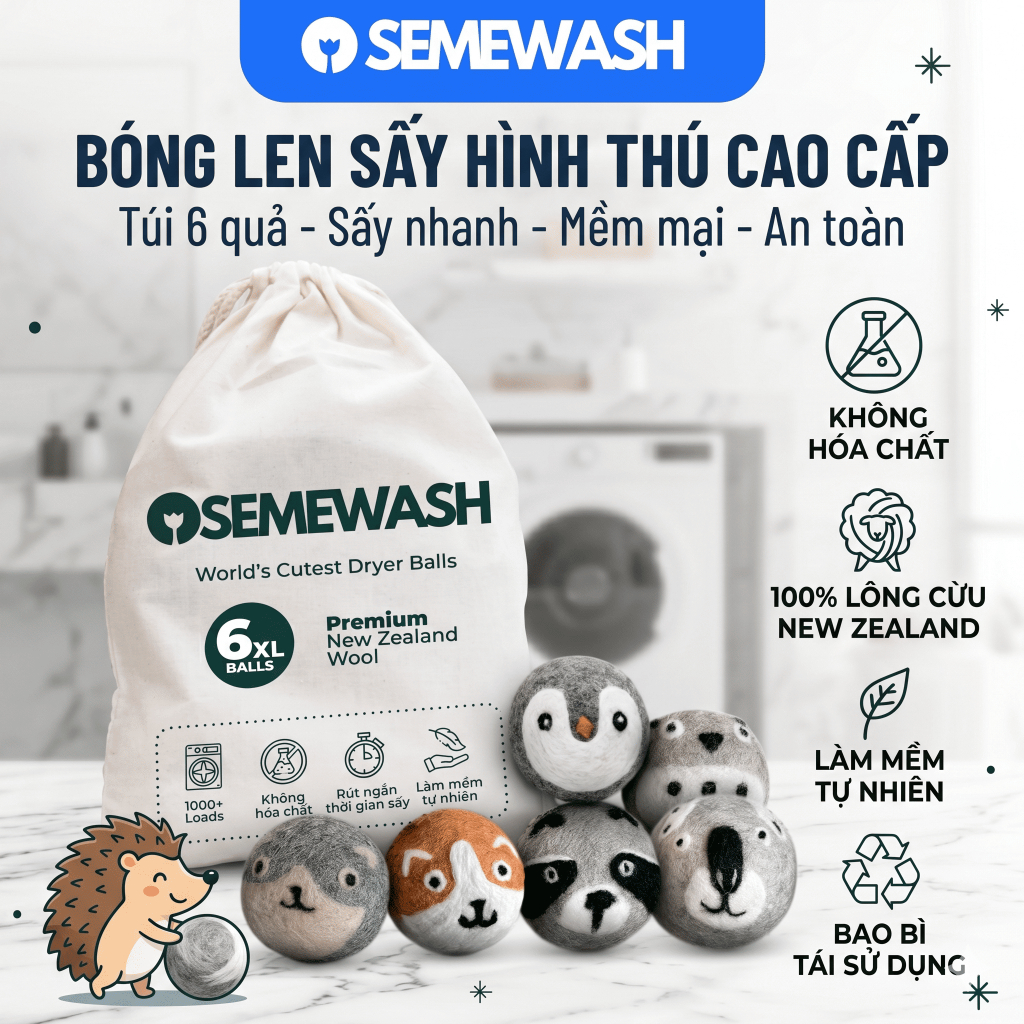 Bóng Sấy Lông Cừu Semewash Dryer Ball New Zealand Bóng len Hữu Cơ Banh Giảm Nhăn Rút Ngắn Thời Gian 