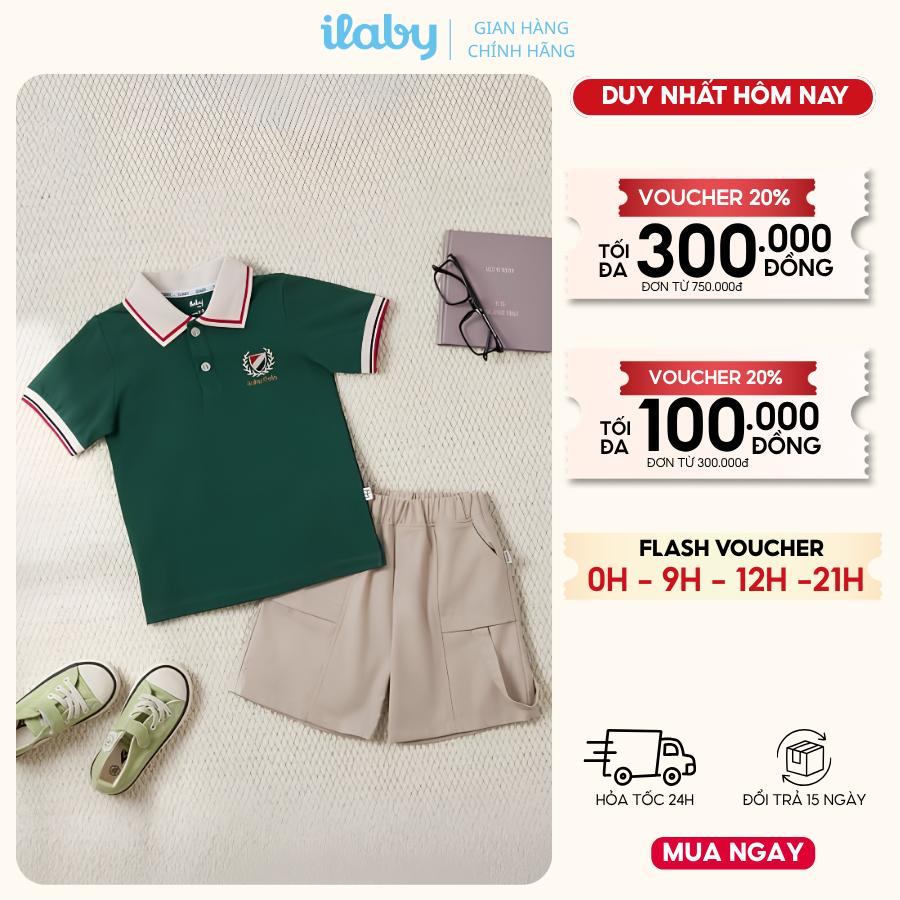 Mix set bộ bé trai ILABY HCM áo polo thêu hình và quần short kaki túi hộp [3074+3894]