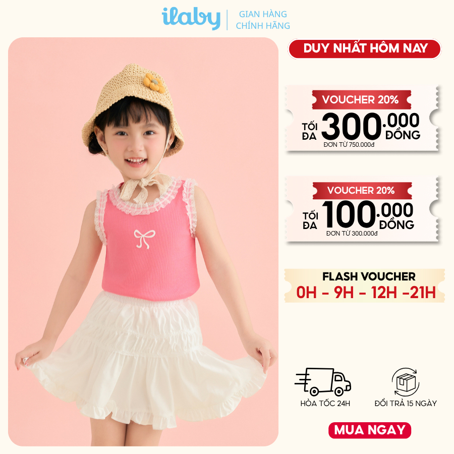 Mix set bộ bé gái ILABY HCM áo tank top thêu nơ phối viền bèo và chân váy xòe [3847+3882]