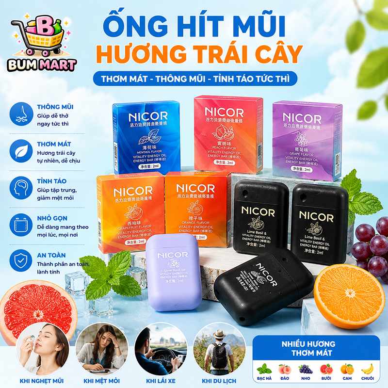 Ống Hít Mũi Hương Trái Cây Nicor Giúp Thư Giản Tỉnh Táo, Hít Mũi 2 Đầu Thông Thoáng Giảm Nghẹt Mũi