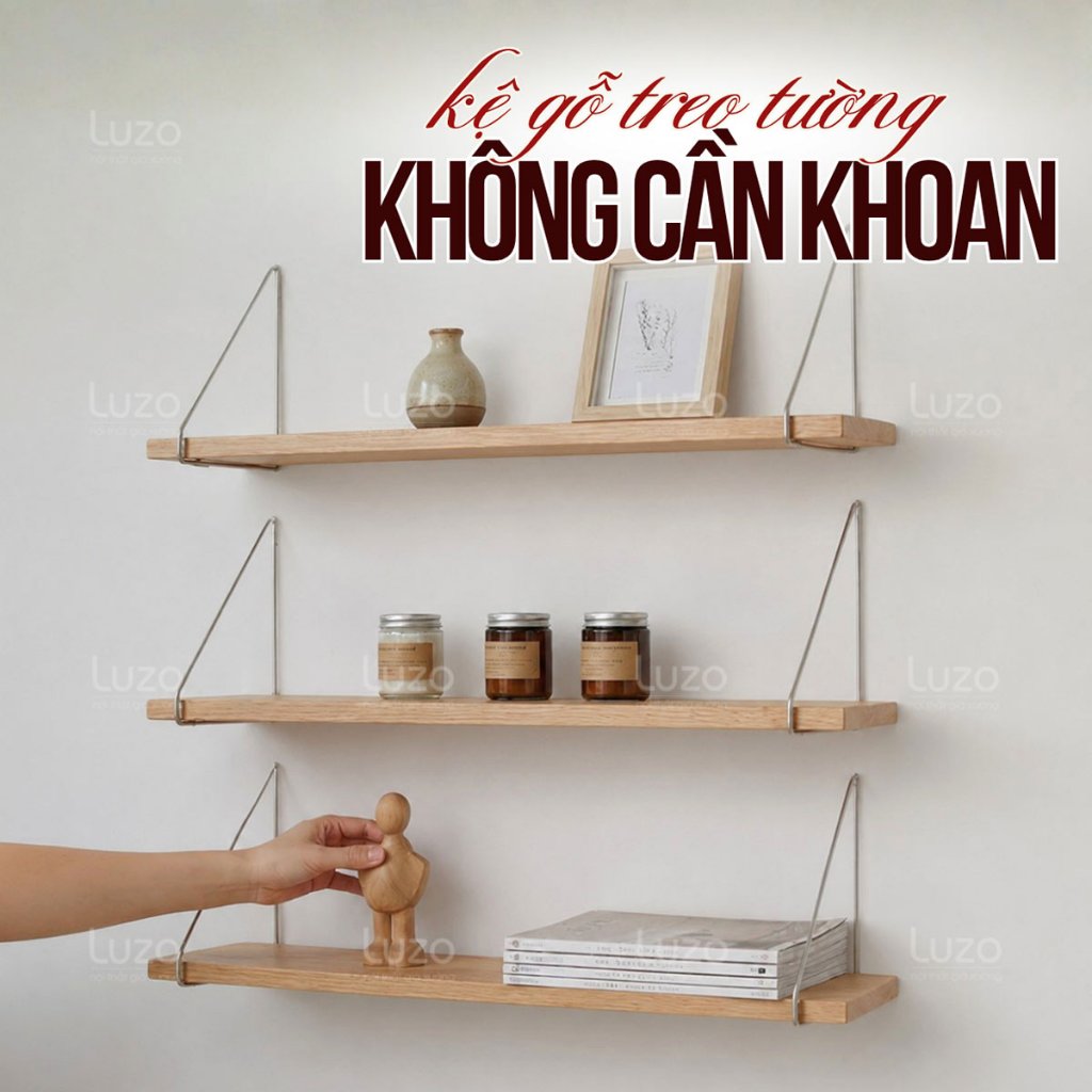Kệ Gỗ Treo Tường Không Cần Khoan Tường, Thanh ngang treo tường nhiều Size Kèm…