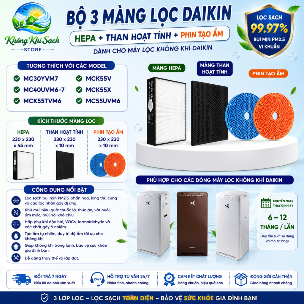 Bộ 2 Màng Lọc Daikin MC30YVM7 MC40UVM6-7 MCK55TVM6 MCK55V MCK55X MC55UVM6 HEPA Than Hoạt Tính
