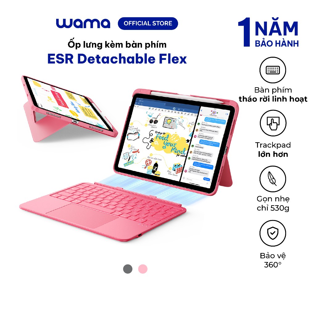 Ốp lưng iPad kèm bàn phím Detachable Flex ESR dành cho máy tính bảng Gen 11/A16/10 tháo rời linh hoạ