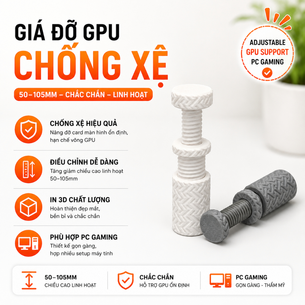 Giá Đỡ Card Màn Hình Chống Xệ chiều cao 50-105mm – Adjustable GPU Support Holder Cho PC Gaming