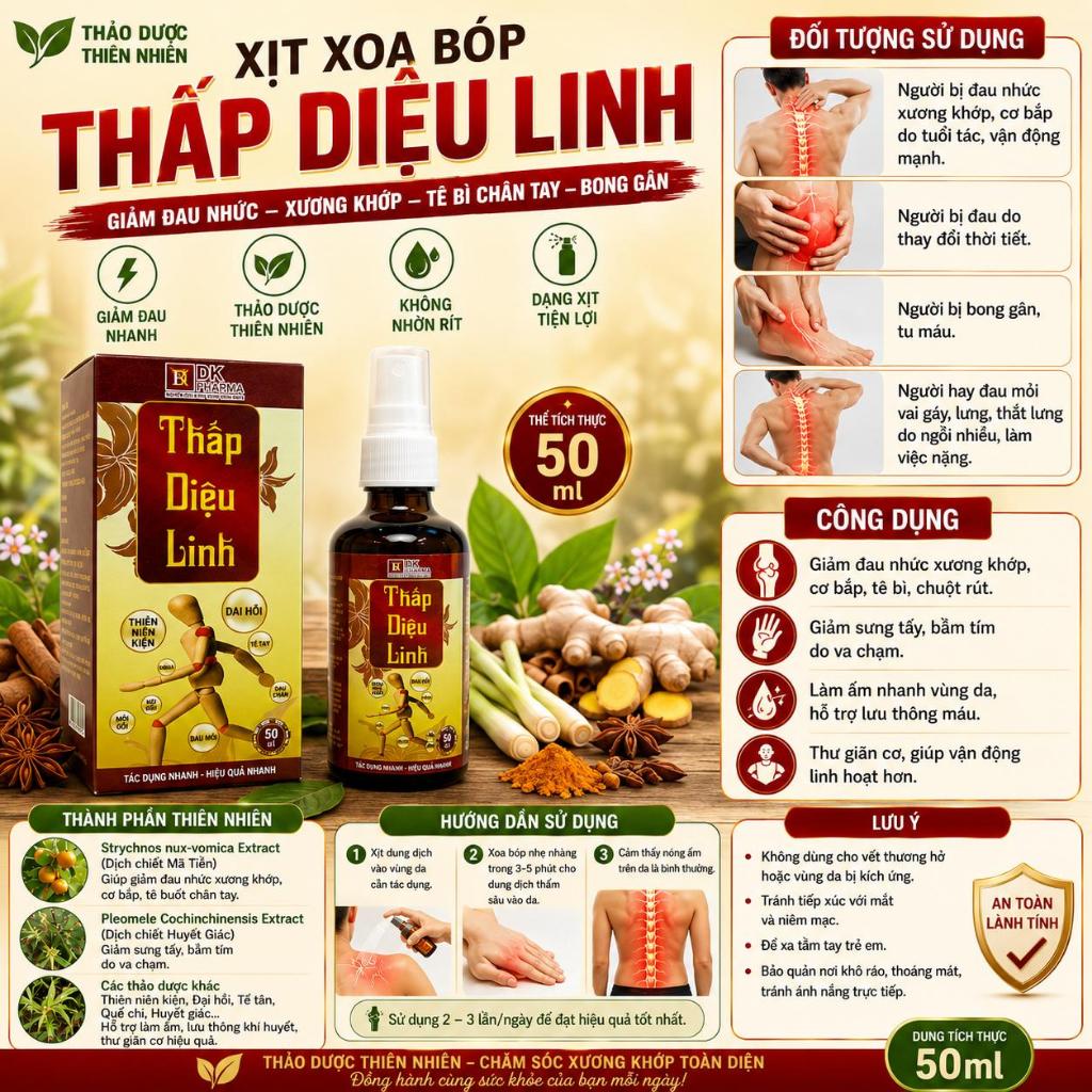 Xịt Xoa Bóp Thấp Diệu Linh 50Ml Giảm Đau Cơ Xương Khớp | Đau Lưng Vai Gáy Tê Bì Chân Tay