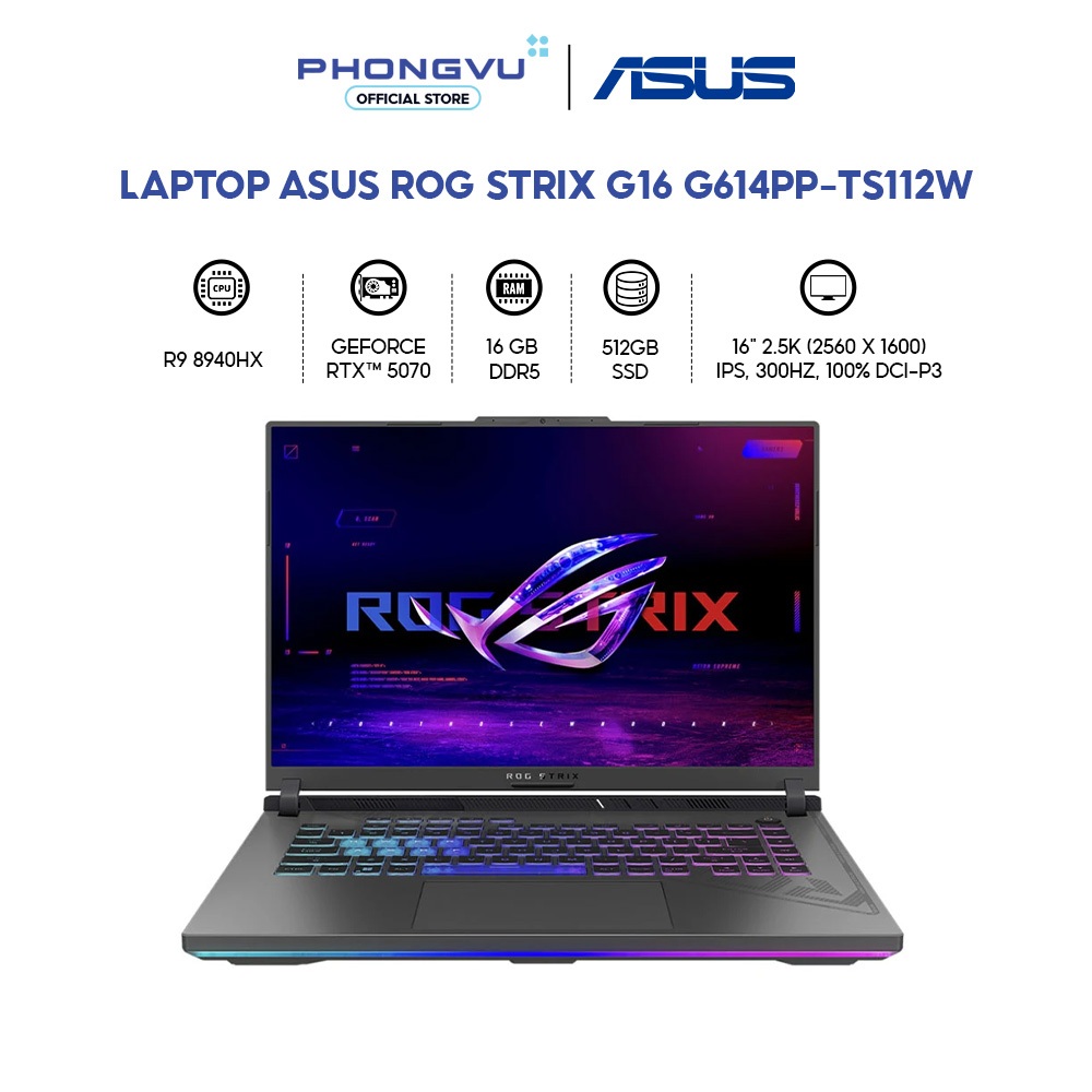 Laptop Asus ROG Strix G16 G614PP-TS112W (Ryzen 9 8940HX/ GeForce RTX™ 5070/ 16GB/ 512GB/ Windows 11 