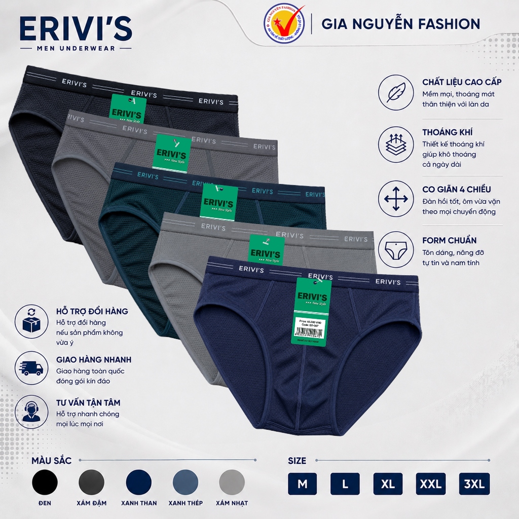 Bộ 5 Quần lót nam Cotton lạnh THÔNG HƠI - Thương hiệu ERIVIS, hàng Việt Nam cao cấp