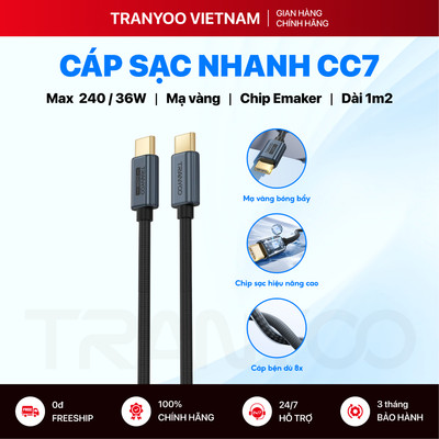 Cáp Sạc Nhanh TRANYOO CC-7 Type C/L Sạc Nhanh Lên Đến 240W Bện Dù Chắc Chắn Chip E-Maker Sạc Ổn Định