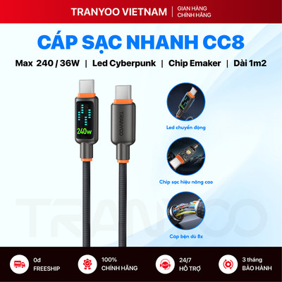 Cáp Sạc Nhanh TRANYOO CC-8 | CL-8 Sạc Nhanh 240W Chip E-Maker Kết Hợp Led CyperPunk Báo Sạc Nhanh
