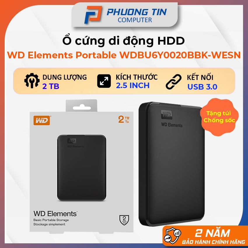 Ổ Cứng HDD WD Elements Portable 2TB 2.5 inch- WDBU6Y0020BBK-WESN - Tặng túi chống sốc - Bảo hành 24 