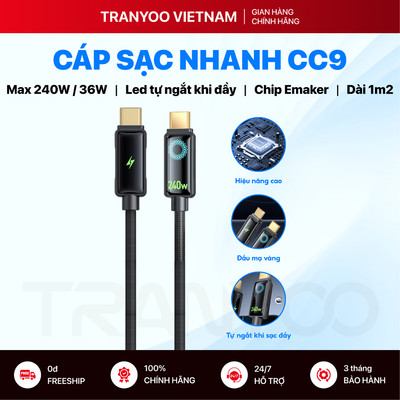 Cáp Sạc Nhanh TRANYOO CC-9 | CL-9 Sạc Nhanh 240W Led Chuyển Mau và Tự Động Ngắt Khi Sạc Đầy