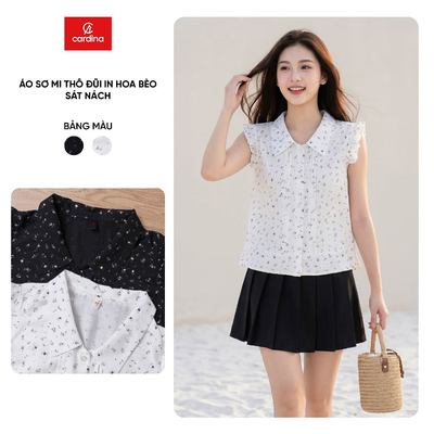 Áo sơ mi nữ CARDINA chất thô đũi in hoa bèo sát nách 6ASS03