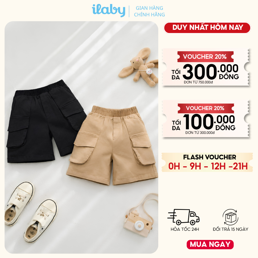Quần short bé trai ILABY HCM chất thô mềm cạp chun co dãn phối túi hộp phong cách [3777]