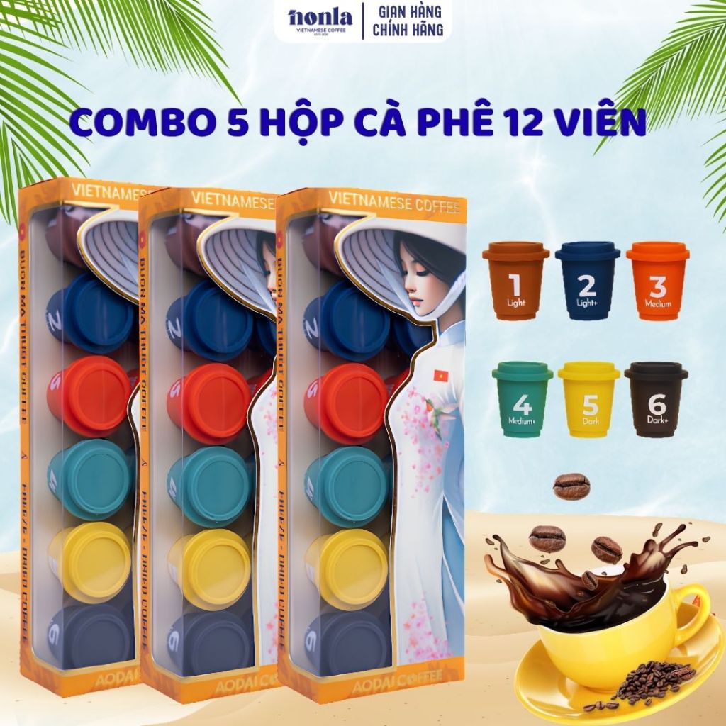 Combo 5 Hộp 12 Viên Cà Phê Hòa Tan Sấy Thăng Hoa AODAI COFFEE 6 Cấp Độ