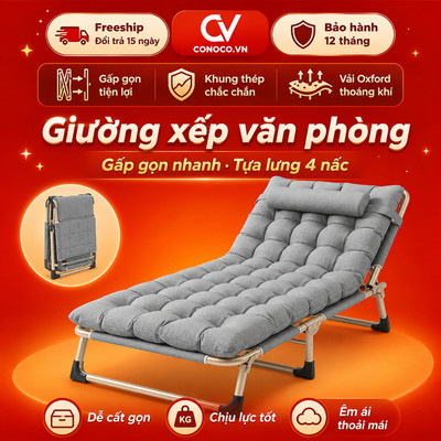 Sẵn hàng Giường gấp ngủ trưa văn phòng CONOCO gấp gọn, tựa lưng 4 nấc khung thép chắc chắn