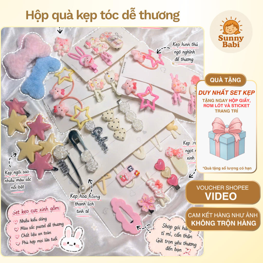 Hộp Quà Kẹp Tóc Nữ Dễ Thương, Set 50 Kẹp Tóc Nơ Tiểu Thư, Set Kẹp Tóc Quà Tặng Bạn Gái SunnyBabi