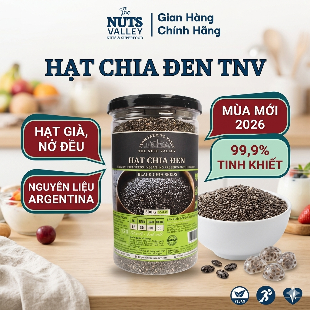 Hạt Chia – giảm cân, chính hãng 100%, Omega 3, chất xơ chống táo bón, hỗ trợ giấc ngủ,Chia Seed, The Nuts Valley