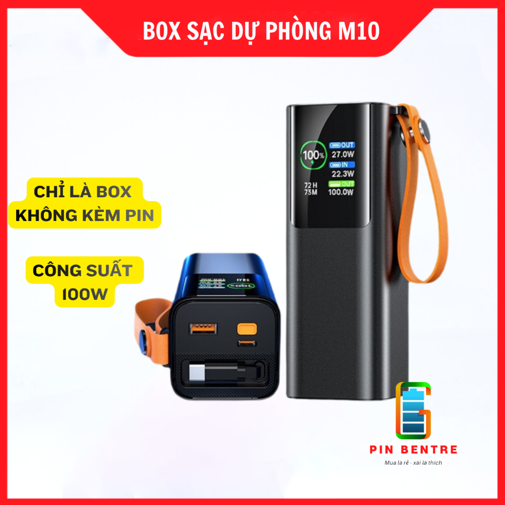 Box Sạc Dự Phòng TFT M10 100W Kèm Cáp Sạc Tự Rút Gọn Có Led