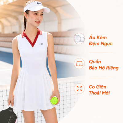 Váy Liền Nữ Xếp Ly LV26S04F405 Livan Kèm Quần Bảo Hộ, Váy Chơi Thể Thao, Pickle Ball, Tennis