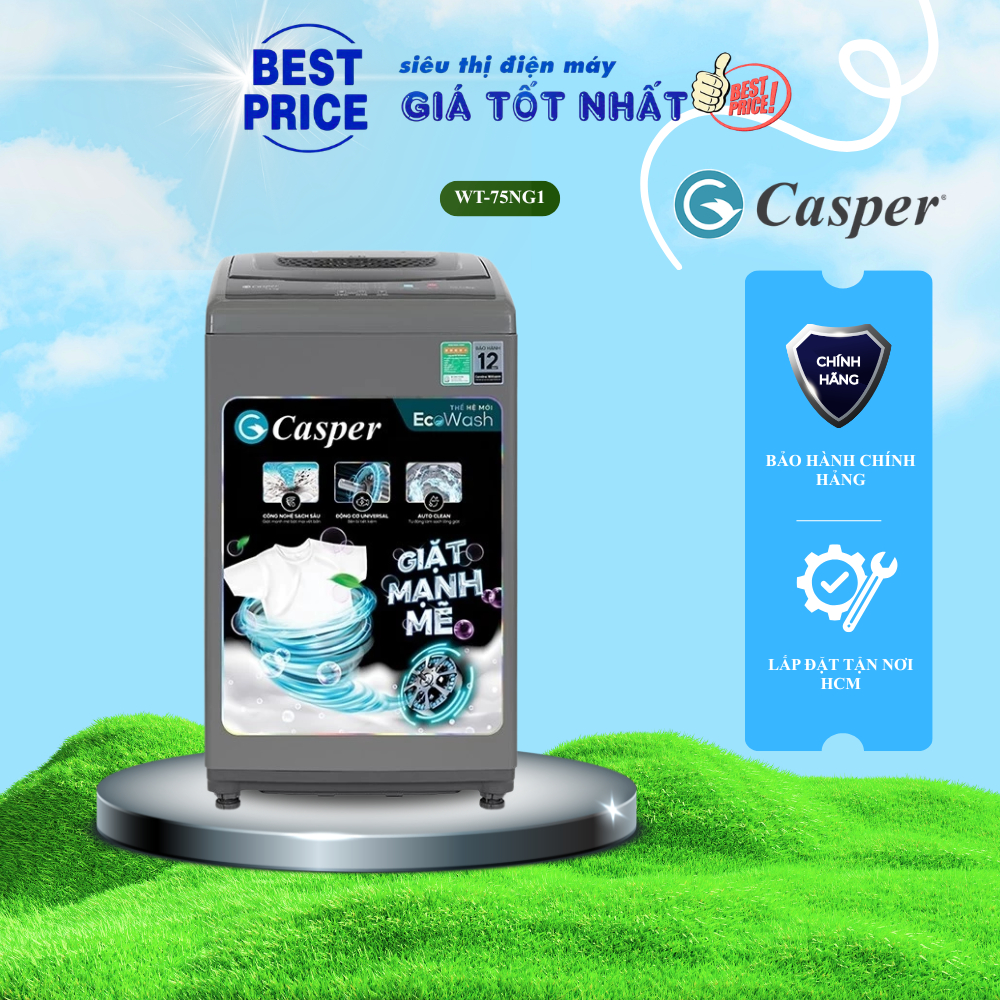 WT-75NG1 Máy giặt Casper – 7.5kg, cửa trên, AirDry, Auto Clean, giá sinh viên |  WT 75NG1