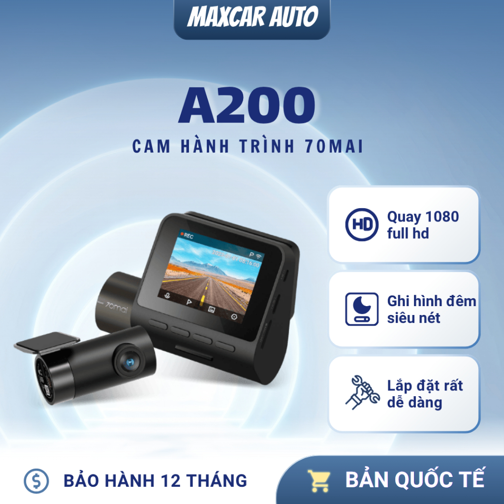 Camera hành trình ô tô 70mai A200 HDR 1080P ghi hình trước sau sắc nét, giám sát đỗ xe 24h an toàn -