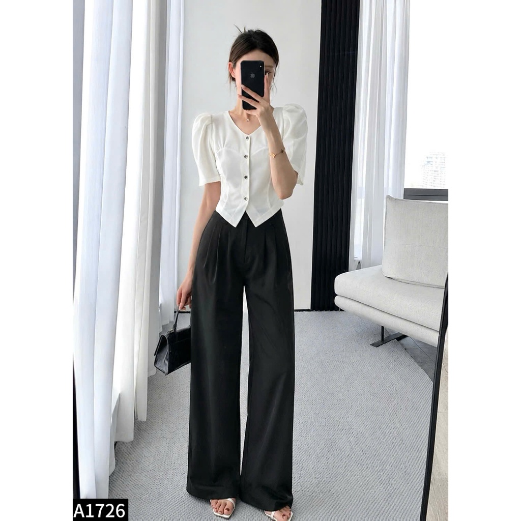 Bộ Cati quần dài áo crop 2 màu đen - trắng A1726