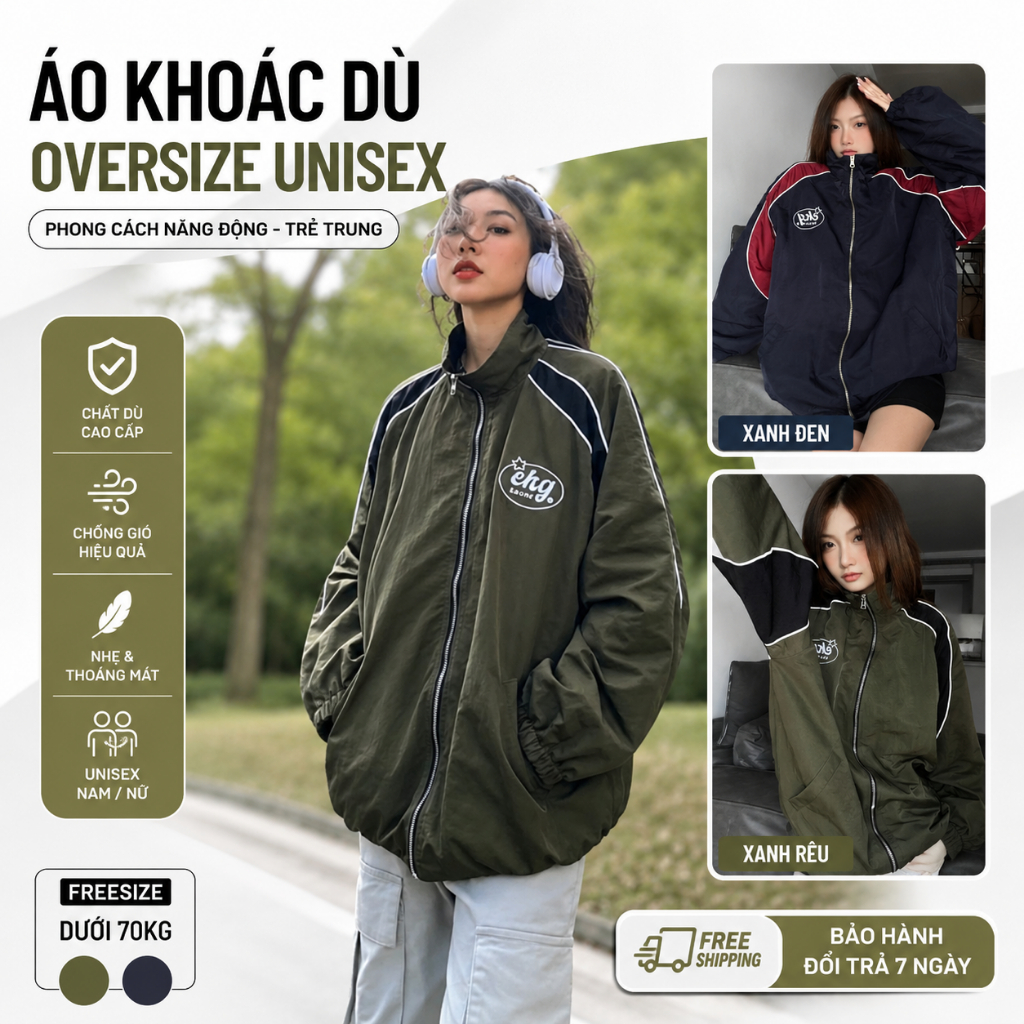 Áo Khoác Dù ekg Logo Thêu Chất Dù 2 Lớp Unisex Form Rộng Nam Nữ