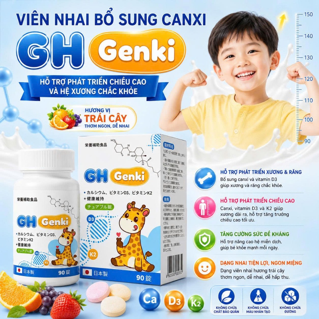 GH Genki Nhật Bản - Viên nhai kích hoạt gen tăng chiều cao hộp 90 viên,Chính Hãng