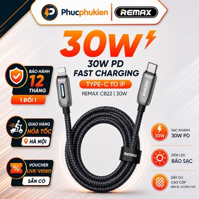 Dây sạc 30w type c to lighning Remax CB22 dây dù đèn led cho 14 seris trở xuống - Phúc Phụ Kiện