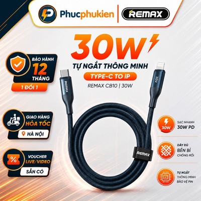 Dây sạc tự ngắt chính hãng Remax CB10 sạc nhanh C-L 30w chuẩnPD cho 14 seris trở xuống Phúc Phụ Kiện