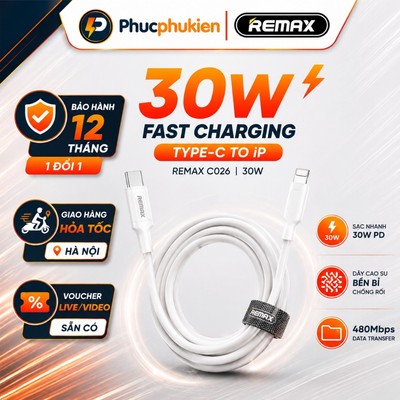 Dây sạc nhanh 30w Remax C026 sạc nhanh 30w chuẩn PD Type C to Phone cho 14 Pro max - Phúc Phụ Kiện