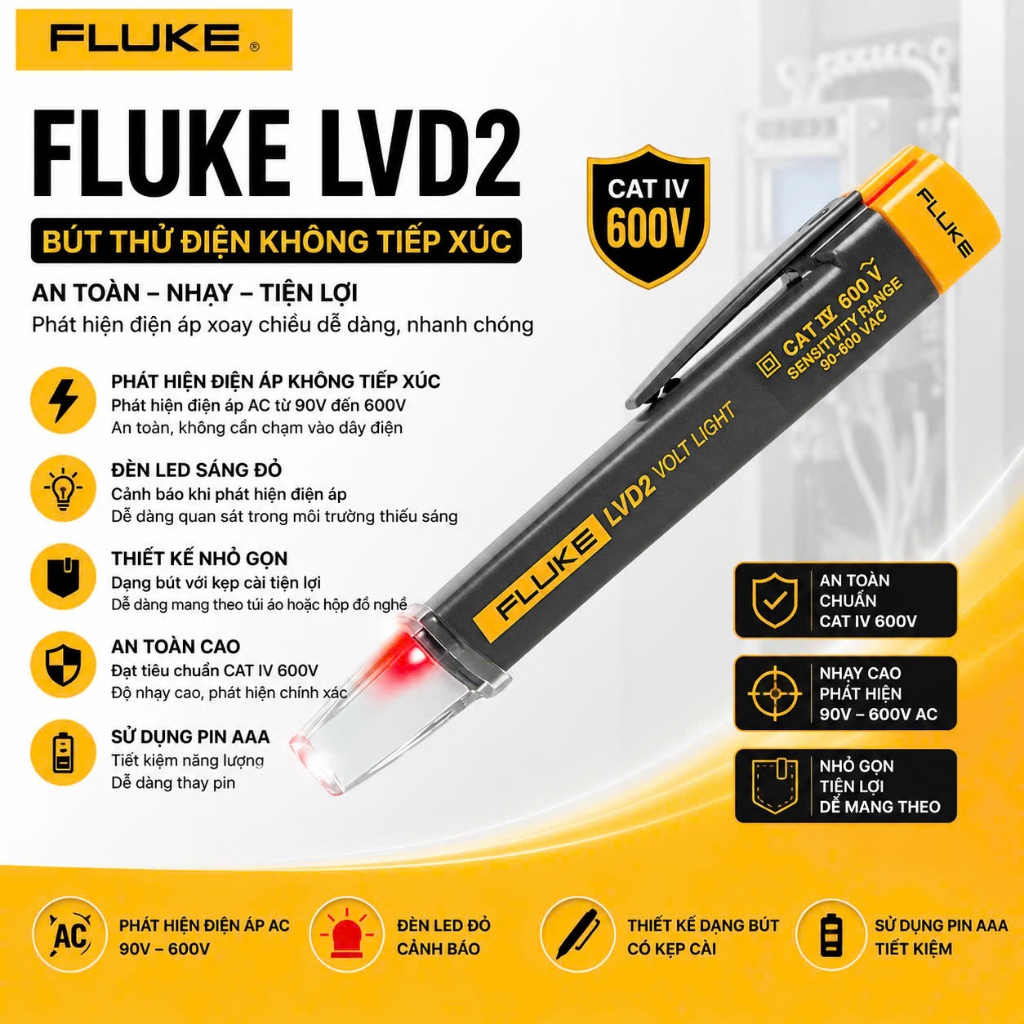 01 NĂM BẢO HÀNH [FLUKE LVD] Bút thử điện cảm ứng Fluke LVD2 ( 90V ~ 200V ) [CHÍNH HÃNG FLUKE]