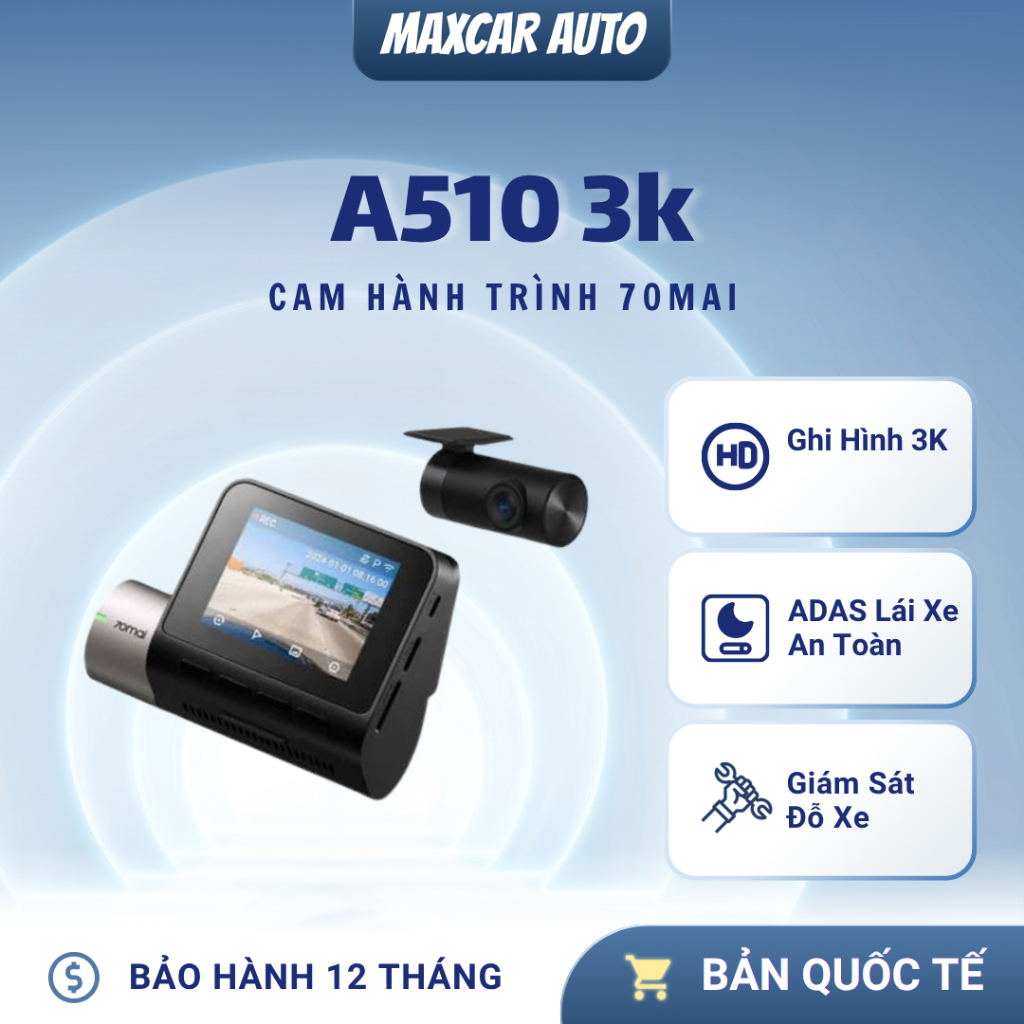 Camera hành trình 70mai A510 cảnh báo an toàn ADAS, 4G, GPS, độ phân giải 3K HDR sắc nét