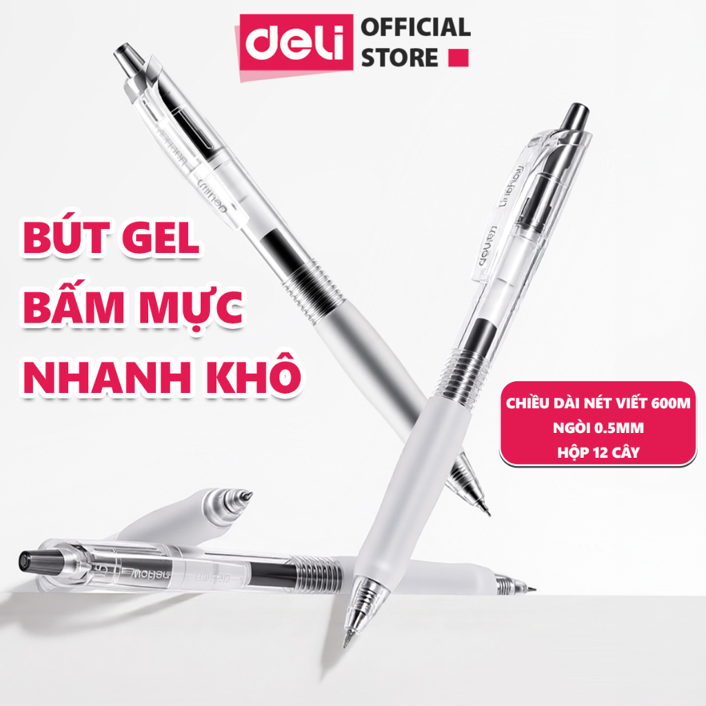 [NEW] Bút Gel Bấm Deli 0.5mm Mực Nhanh Khô Bút Bi Gel Đệm Tay Silicone Viết Trơn Mượt Mực Xanh Đen Đỏ