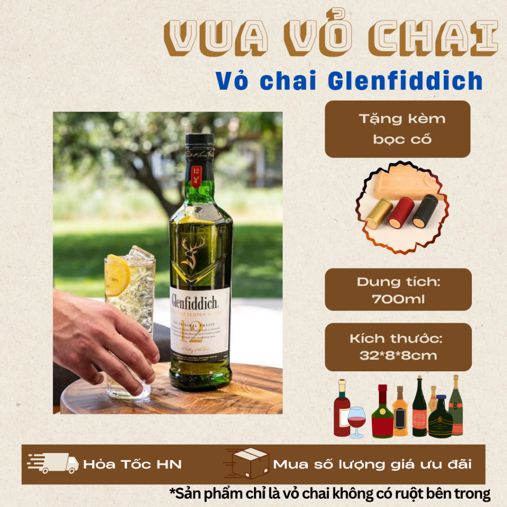 VỎ CHAI GLENFIDDICH 12, [THỦY TINH XANH] [TẶNG KÈM BỌC CỔ]