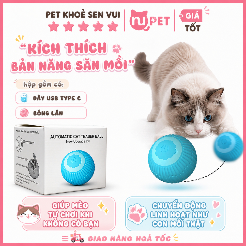 Đồ chơi bóng lăn tự động cho mèo Nupet thông minh không dây, đồ chơi đuổi bắt cho chó mèo