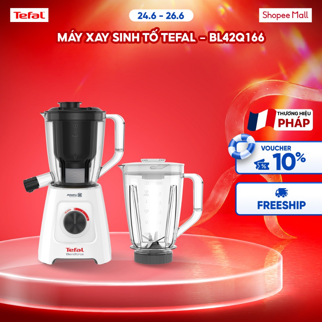 Máy xay sinh tố Tefal BL42Q166 - 2 L, Trắng Đen, 600W, Ép trái cây và Xay sinh tố