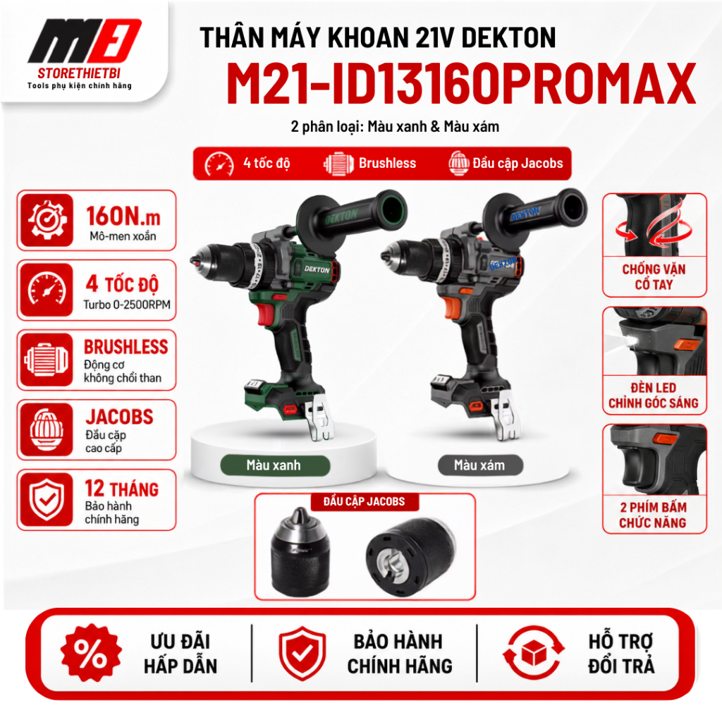 Thân Máy Khoan Pin Dekton M21-ID13160PROMAX 21V Không Chổi Than 160Nm Gen 4 Pro Max Đầu Cặp Jacobs