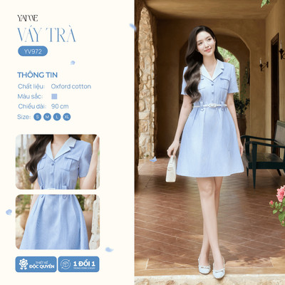 Váy Thiết Kế Nữ Yame Dài 90cm Cổ Bẻ Ve, Có Túi Hộp Trước Ngực, Tùng Váy A Phồng Hông Màu Xanh Mát TRÀ - YV972
