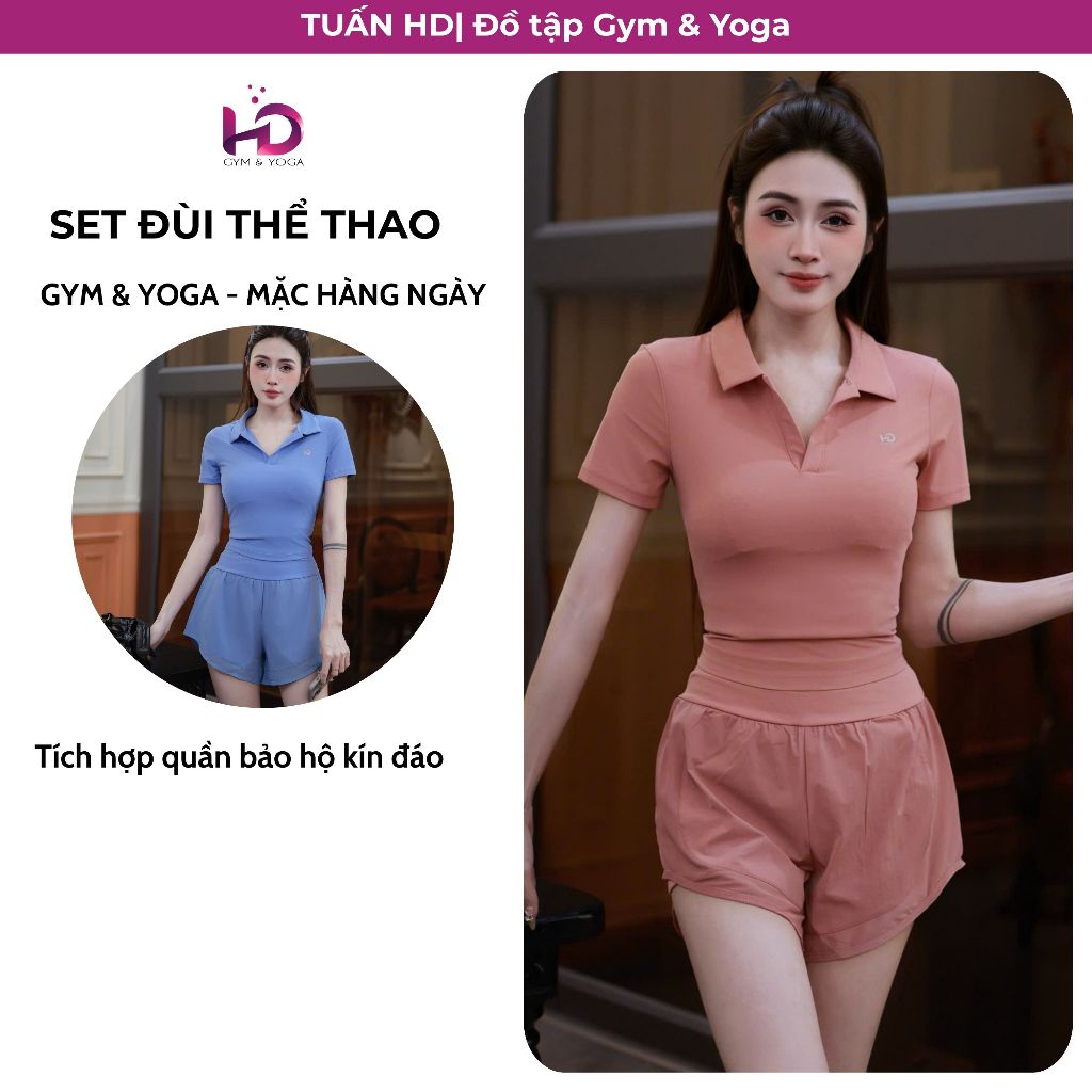 Bộ Đồ Tập Gym Nữ TUẤN HD Set Áo Polo Thể Thao & Quần Đùi 2 Lớp Đồ Tập Tennis Pickleball 705