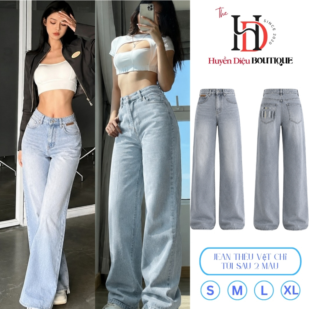 Quần Jean Nữ Ống Suông Xanh Trơn Thêu Túi Sau 103cm Cạp Cao Chất Mềm Mịn - J905 - HD Boutique
