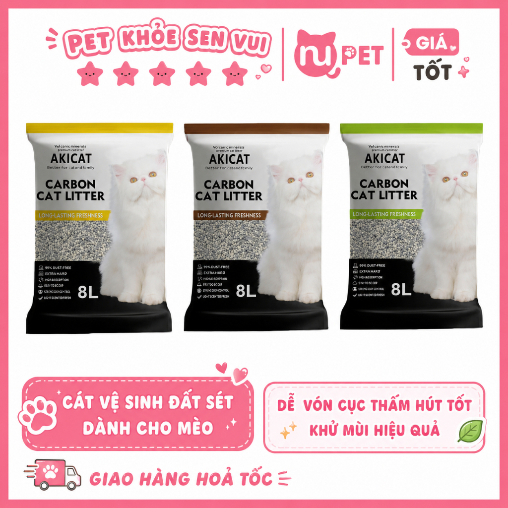 Cát vệ sinh cho mèo Akicat bao 8L chứa than hoạt tính vón cục khử mùi tốt